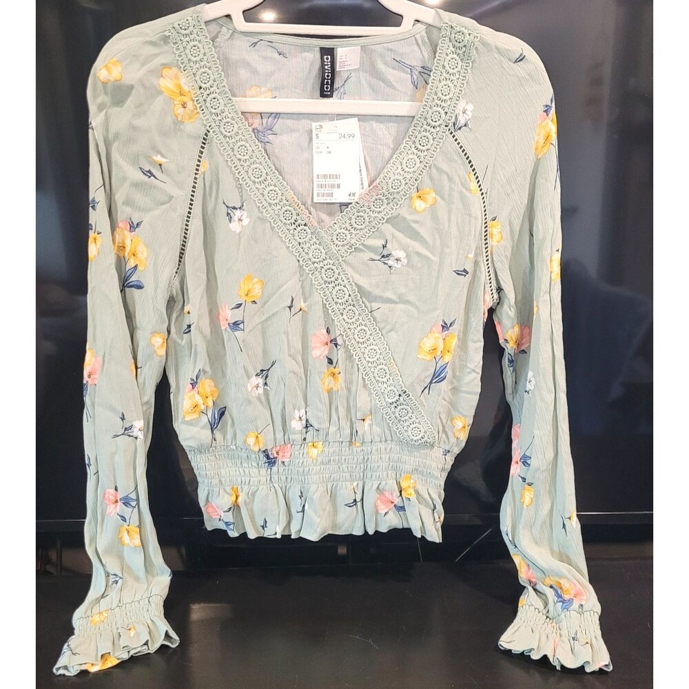 NWT H&M Divided Lt Green Floral Boho Peasant To Sz 4 Long Sleeve Ruffle V-Neck